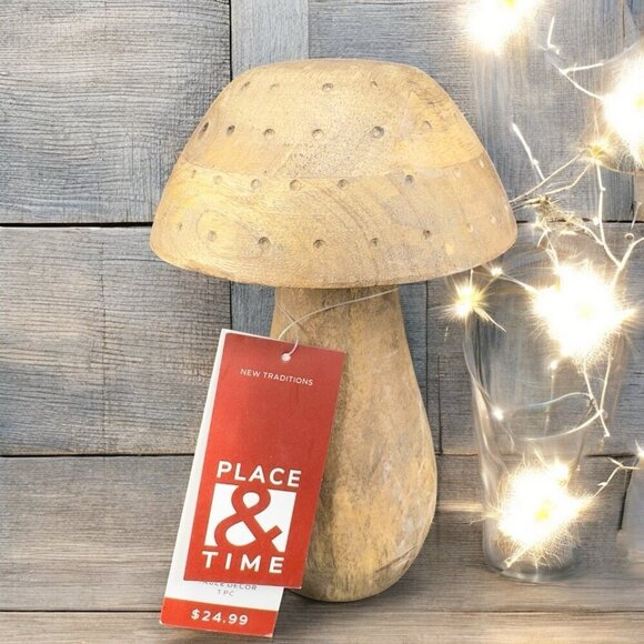 Place And Time Wooden Tall Mushroom Primitive Style Wood Figurine With Labels - Picture 1 of 12
